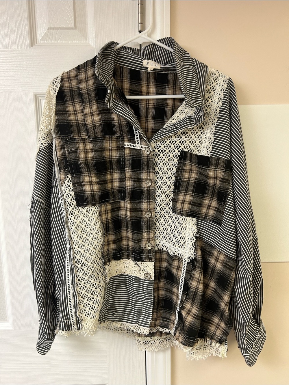 POL oversized mixed media patchwork button down shirt